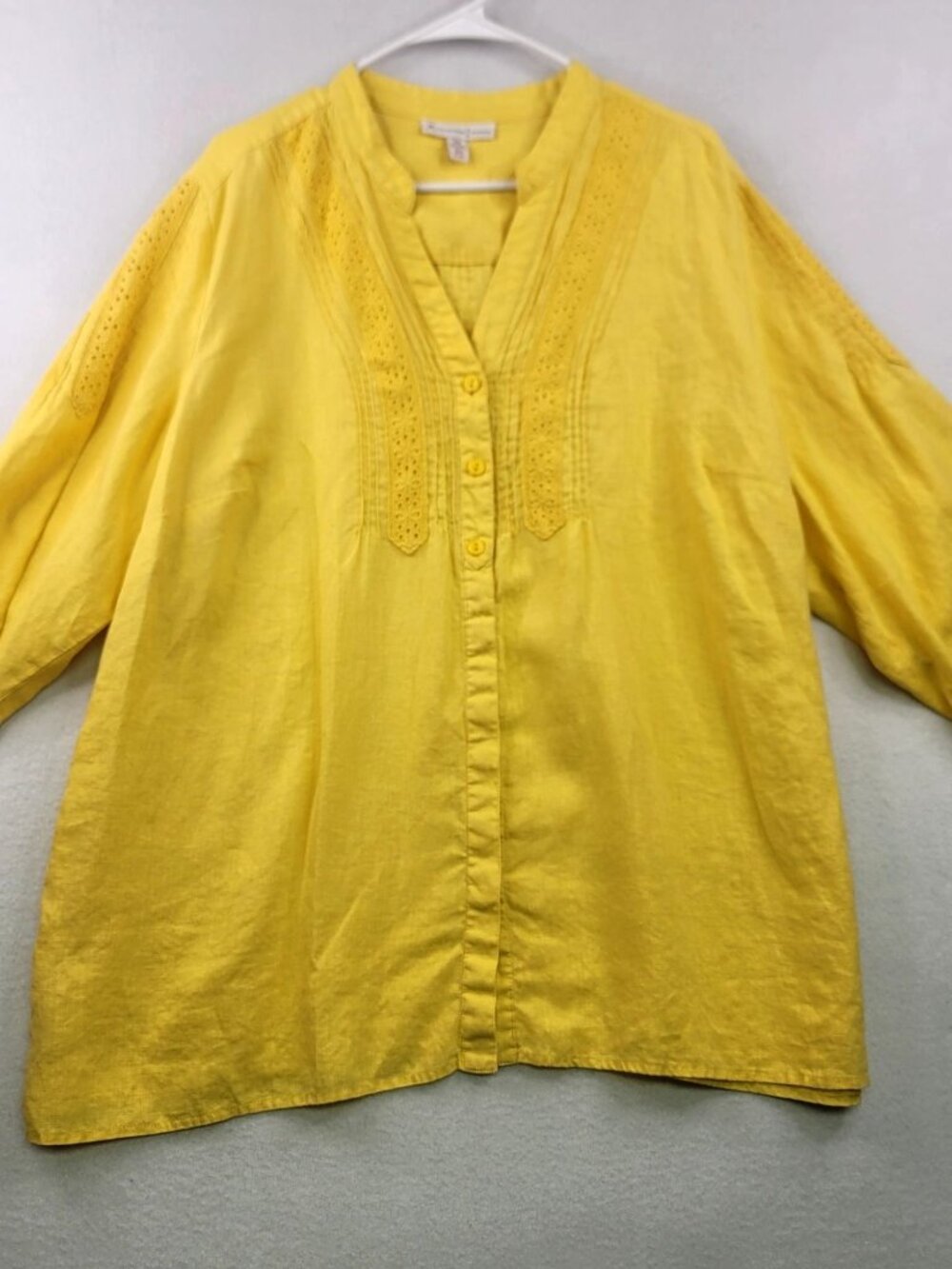 JM Collection Embroidered Linen Button-Up Top Plus 22W Yellow Boho Cottagecore